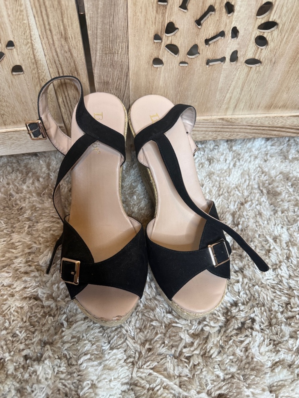 Limelight Black Suede Espadrille Wedge Sandals with Buckle